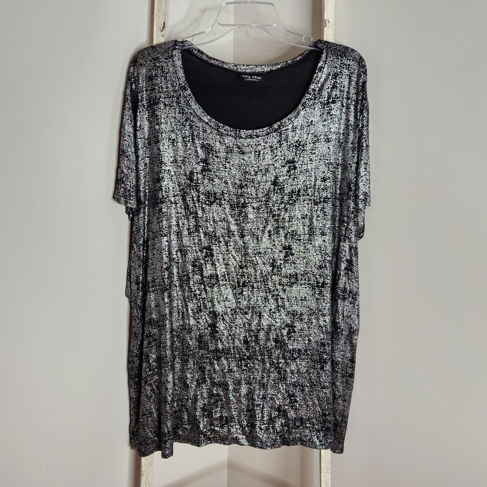 City Chic top womens XXL 24 Gunmetal Black silver metallic stretch party